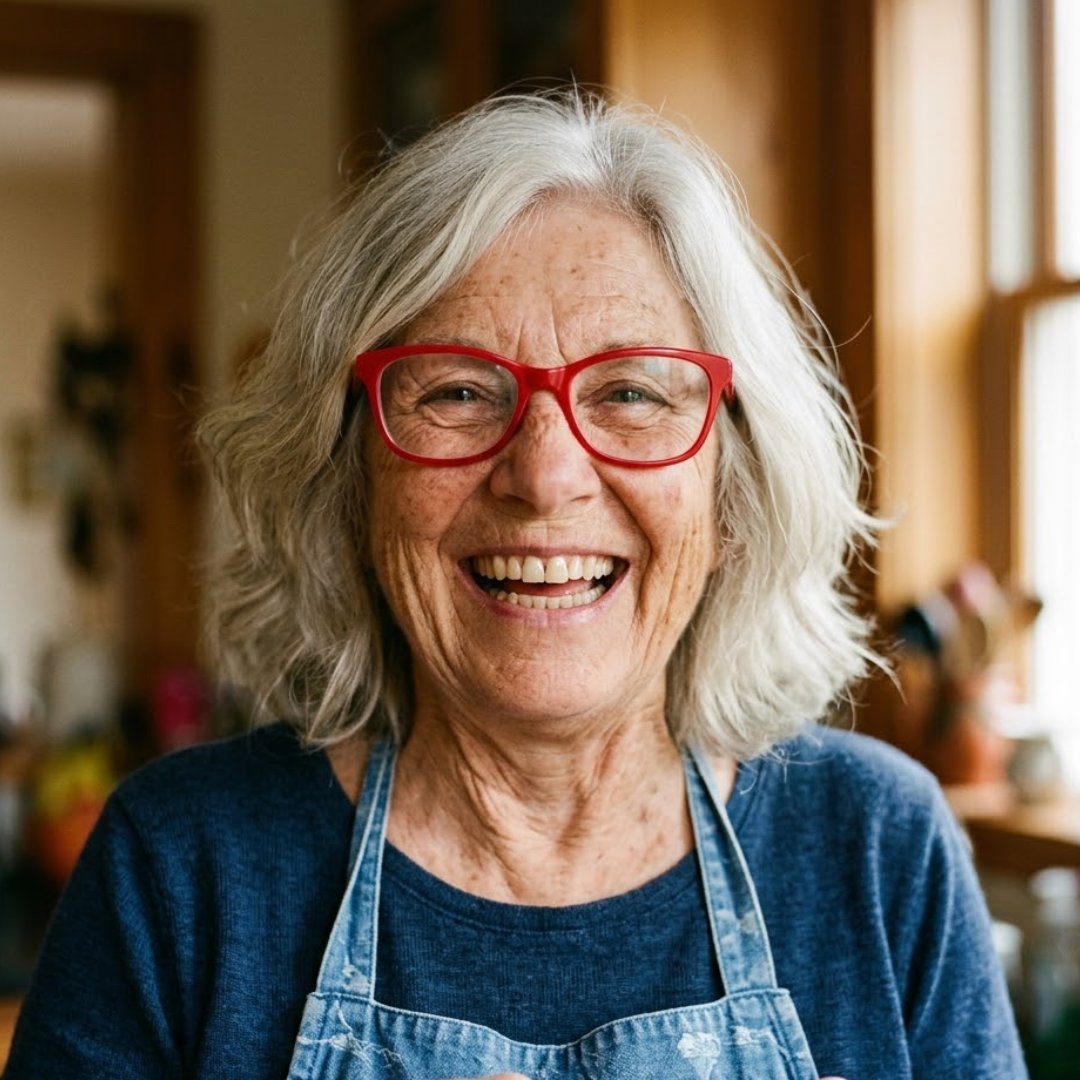 Maya E., your painting instructor, smiling in her kitchen studio