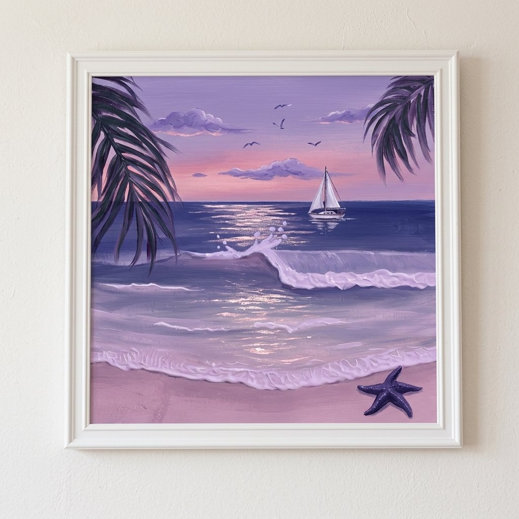 The same beach scene painted in a lavender twilight palette with rose-pink sky and indigo water